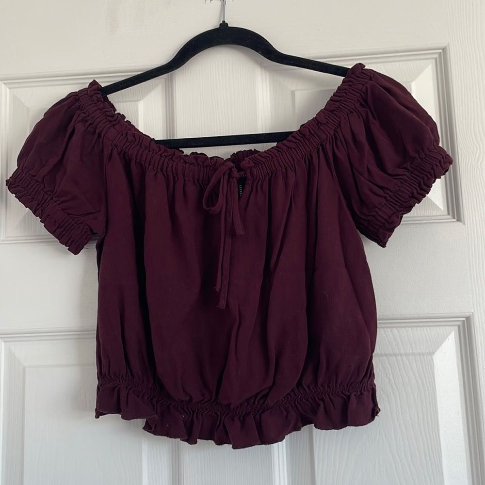 wine colored cropped ruffle blouse by Forever 21